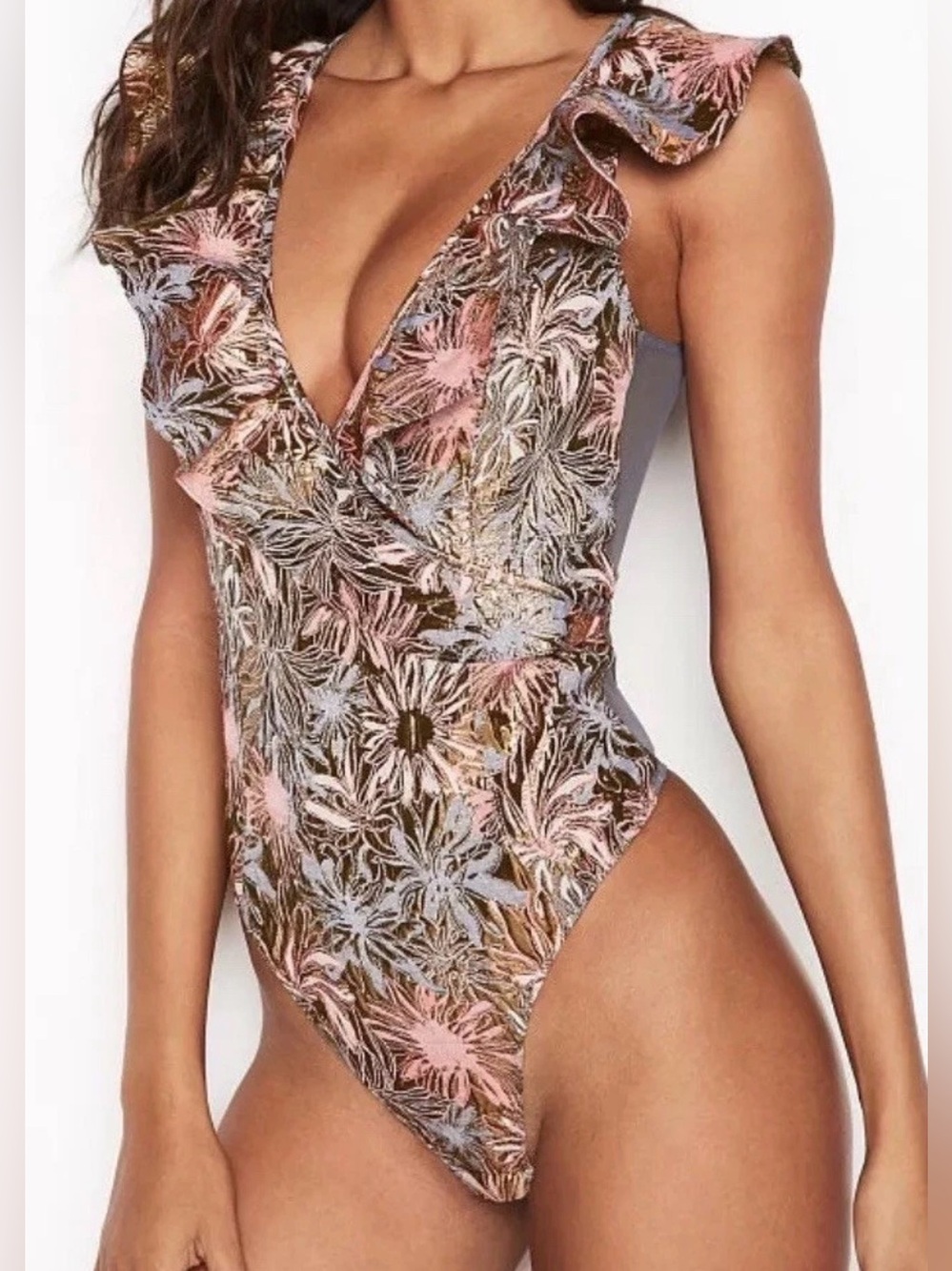Victoria's Secret Angel Brocade V-Neck Bodysuit Pink, Blue & Gold thong mesh bak